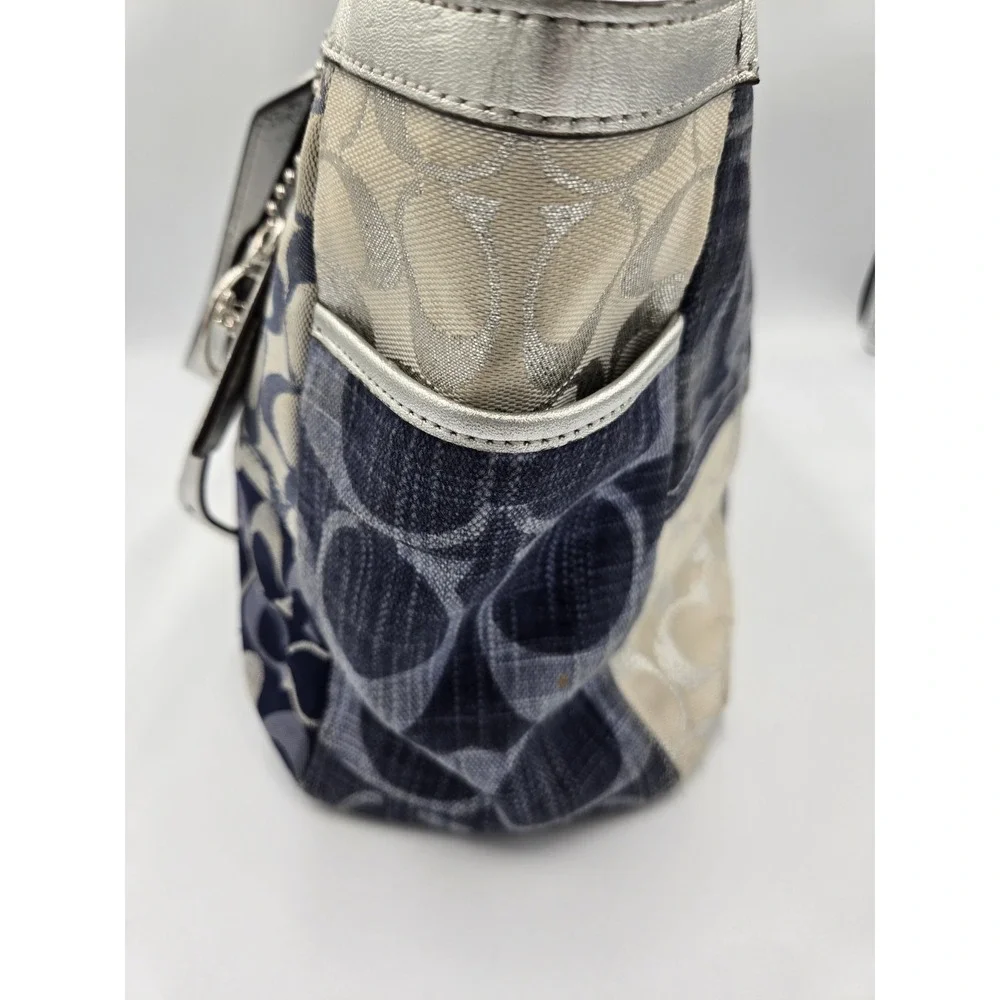 Coach Patchwork Signature Canvas Tote Bag/Purse Blue Cream Silver Buckle Straps - Picture 2 of 16